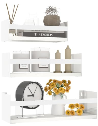 RLAVBL Estantes de Pared, Juego de 3, Estantes de Pared Flotantes de Madera y Metal, Blancas, para el la Cocina, el Baño, la Sala de Estar y la Oficina.