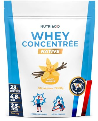 NUTRI & CO Whey Concentrate Native - Jusqu’à 80% de Protéines - Pur Lait Français Low Lactose Digestion Facile - Riche en BCAA - Prise de Masse & Musculation - 900g 30 portions goût Vanille