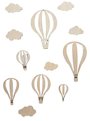 Heißluftballon Wanddekoration aus Holz, Kinderzimmer Wanddeko, Dino Deko Set, Kind Zimmer, handgefertigt, Spielzeug, Kinderzimmerdeko, Mond, Sterne, umweltfreundlich, Naturholz (Set, Heißluftballon)