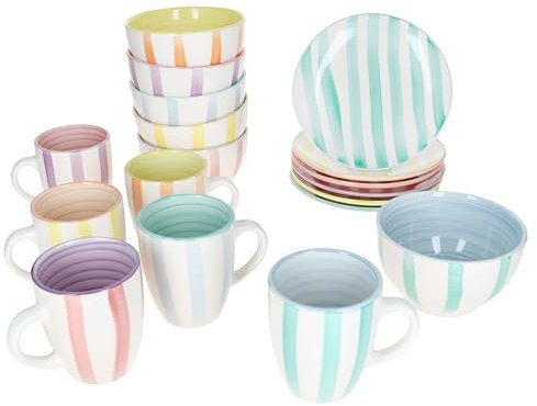 MamboCat Beach Pastello Stripes Service de petit-déjeuner 18 pièces : 6 assiettes, bol à céréales et tasses pour petit-déjeuner