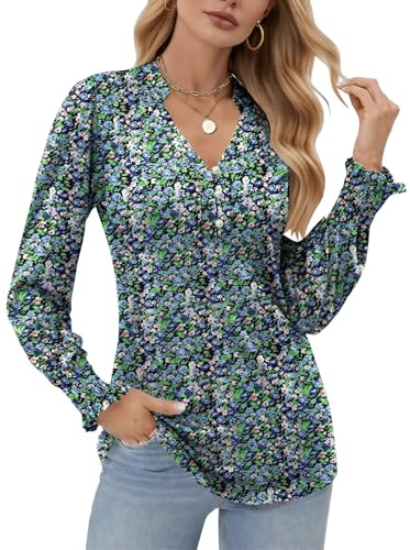 Cuptacc Camicia Donna Maniche Lunga Henley Maglietta Donna Elegante con Bottoni e Fiori Camicette Tunica Nero Blu Fiore, X-Large XL 46-48