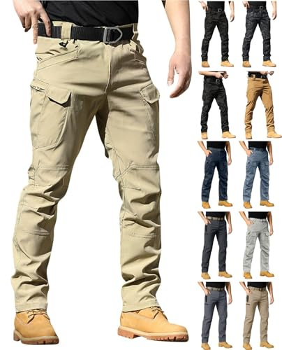 Generisch Outdoor Hose Herren, Taktische wasserdichte Cargo Militär Outdoorhose Wanderhose Männer Mit Taschen Pants Herren Arbeitshose Stretch Baggy Jeans Arbeitshosen Stretch (L, Khaki)