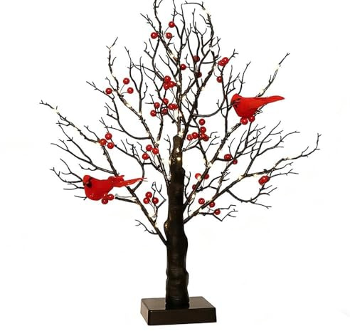 Nzkeuf Easter Decor Tree with Lights, 21in Medieval Red Tree, Retro Cardinal LED Tree Light, Easter Gift Tree Lamp Tabletop Decor with Vintage Berry Bird, for Friend & Collectors