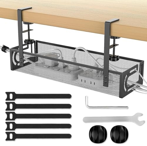 Gestión de cables debajo del escritorio sin taladrar, bandeja de cables para escritorio, organizador de canales de cables para oficina, cocina y escritorio, para cables y regletas, color negro