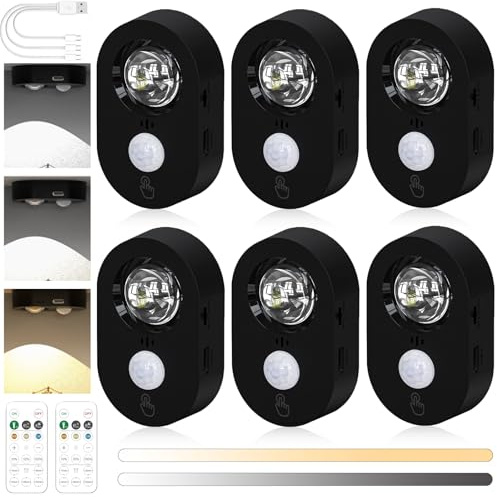 GBKDQQ 6 batterie LED con sensore di movimento USB, per interni senza fili, illuminazione a LED con telecomando, illuminazione per armadio, luce notturna per armadio (nero)