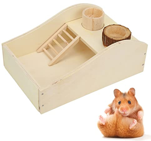 lvifloae Hamster Sand Bath Dust Free Box Wooden Small Pets Shower and Digging Sand Bathtub for Small Animals Like Hamsters Mice Lemming or Gerbils Includes Platform for Eating and Sleeping
