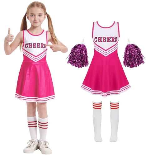 Cnexmin Cheerleading uniform klänning cheerleader kostym barnoutfit flicka med pompoms strumpor halloween jul karneval prinsessa födelsedag fest utklädnad barn, rosa 150