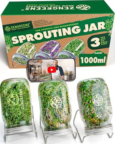 zengreens® Kit di coltivazione per germogli - Set da 1, 2 o 3 barattoli per germogli - Include: barattolo germogliatore e supporto in metallo - Incl. videocorso online