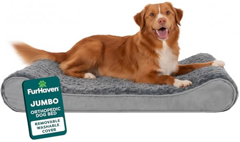 FurHaven Orthopedic Dog Bed for Large Dogs, Luxe Lounger Contour Mattress with Solid Orthopedic Foam Slab for Joint Support, Removable Washable Cover, Jumbo XL, Plush Suede, Gray