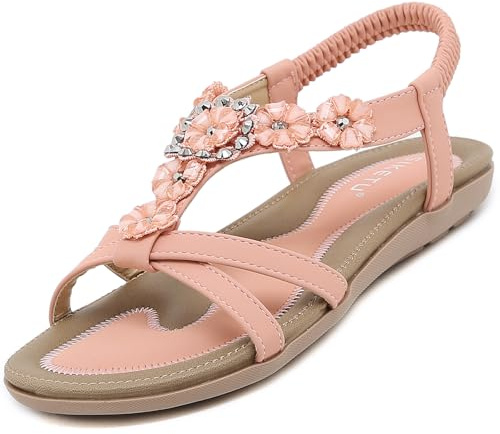 Offene Sandalen Damen Sommer Schuhe mit Blumen Strass Flach Bohemian Sandaletten Frauen mit Weiche Fussbett Outdoor Freizeit Beach Strandschuhe Rosa 38 EU = Herstellergröße 39