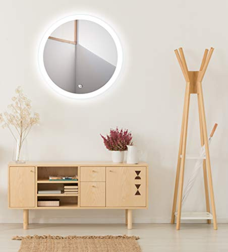 Talos Badspiegel mit Beleuchtung Lunar - Badezimmerspiegel mit Ø 59 cm - Spiegel rund mit umlaufenden Raumlicht und einem weißen Metallkorpus