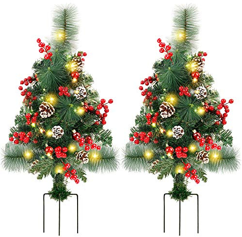 FORUP Set of 2 30 Inch Pre-Lit Pathway Christmas Trees Urn Filler, Outdoor Christmas Tree Decorations for Porch, Driveway, Yard, Garden, with 60 LED Lights, Red Berries, Pine Cones, Red Ball Ornaments