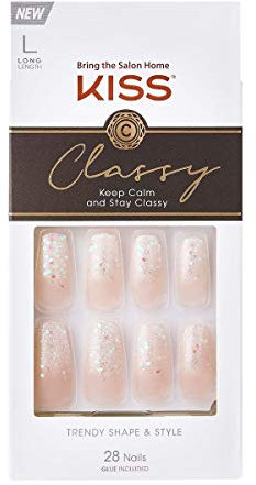 KISS Classy French Nail Manicure Kit with Gel Finish, Long, Coffin Shaped, “Scrunchie”, Gel Nail Kit Includes Pink Nail Glue (Net Wt. 2 g / 0.07oz.), Mini File, Manicure Stick, and 28 Fake Nails
