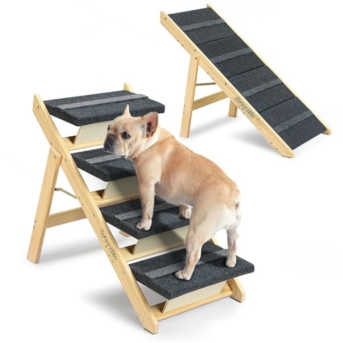 Wooden Dog Stairs& Steps, 2-in-1 Foldable Dog Steps for High Beds, Couch and Cars, Anti-Slip Pet Ramp with 4 Steps Indoor Pet Stairs for Small Medium Large Older Pet Cats up to 68kg