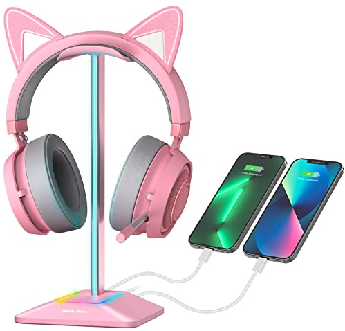 New Bee RGB Headphone Stand Gaming Headset Holder USB Charger Desktop Pink