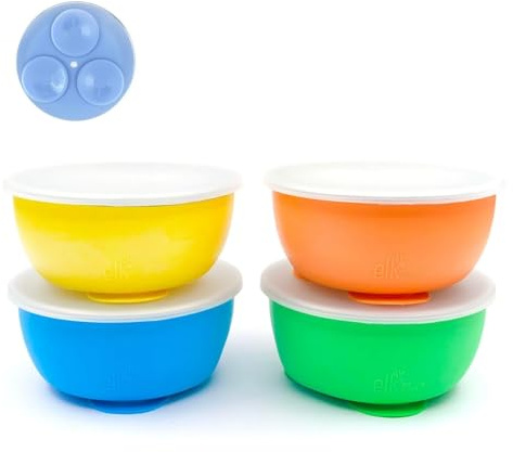 Älg och vänner barn/småbarn rostfritt stål sugskålar + lock | 4-pack | Lämplig för spädbarn | Silikon sughylsor | lock ingår | håll sugförmågan | diskmaskinssäker | Babyavvänjningsmaterial