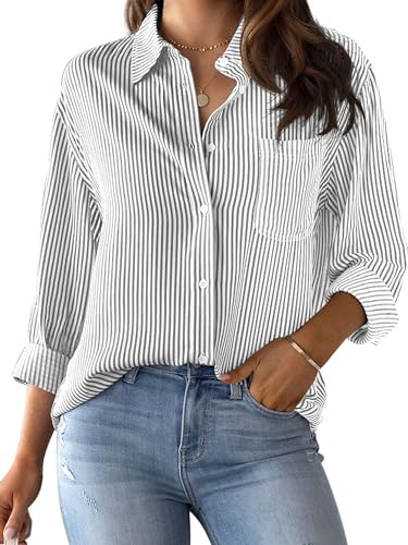 CUNLIN Grey Long Sleeve Shirt Womens Striped Button Down Women Up Boyfriend Shirts for Cotton Blouses Oversized Work Tops Grey Size XS
