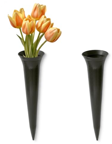Grabvasen zum Stecken als frostsichere Grabdeko - Schmale Friedhofs-Vasen 2er in Grau als wetterfester Kunststoff Grabschmuck - Erdspieß Blumenvasen in 34 cm als schöne kleine Steckvasen