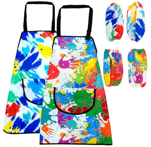 RTUOHUIN Lot de 2 tabliers de peinture pour enfants de 6 à 10 à 12 ans, imperméables, avec manches et grandes poches, pour l'école, l'art, la peinture, le bricolage, la peinture, Graffiti 2, 45 x 60