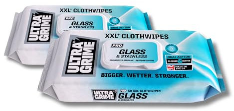 UltraGrime PRO 100 Glass & Stainless Surface Wet Wipes XXL Cleaning Cloths for Mirrors, Windows, Kitchen, Home, Shower Glass Cleaner Streak Free (2 xPack of 50)