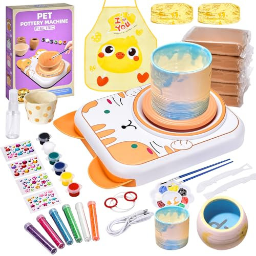 IEEILULU Töpferset für Kinder, Töpferscheibe Elektrisch für Kinder, Mini Töpferscheibe mit Töpferton, Farben, Diamant Aufkleber, Pottery Set DIY Töpfern Bastelset Geschenke Mädchen (Kaninchen)