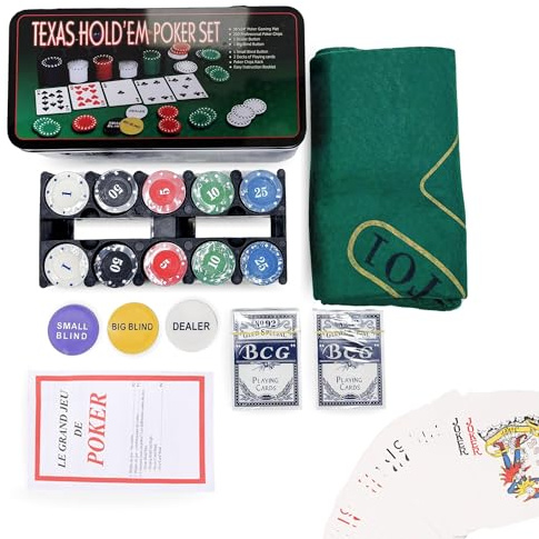 MAGIC SELECT Gioco di Poker. Set da Poker Texas Hold Em. Kit Gioco del Poker con 200 Fiches, 2 Set di Carte, Bottone Dealer, Small-Big Blind, Tappetino, Scatola di Metallo, Manuale delle Regole in PDF