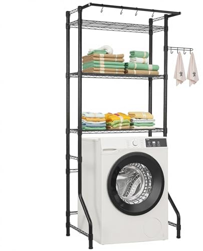 VEVOR Lagerregal über Waschmaschine und Trockner, 3-stufiges Wäscheständer-Gestell mit Kleiderstange und Haken, einreihige, verstellbare Waschmaschinenregale, für Lagerung und Organisation