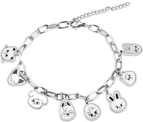 SOSAYI Stray Pulsera de acero inoxidable con colgante de animales Skzoo, Stray unisex con 1 pegatina 3D SKZ y 2 tarjetas Photocard SKZ, artículo para fans de Kpop regalo para Stay