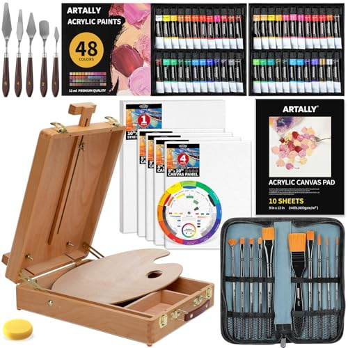 84-teiliges professionelles Acrylmalset mit Tischstaffelei, 48 Acrylfarben, Pinselset & Etui, Leinwandblock, komplettes Künstlerbedarf-Malset für Erwachsene, Künstler und Anfänger