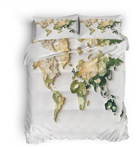 Generico copripiumino flanella 150x200cm Mappa Del Mondo 3D set copripiumino antiacaro Rivestimento leggero per letto in microfibra, anti-sbiadente, traspirante, con zip nascosta