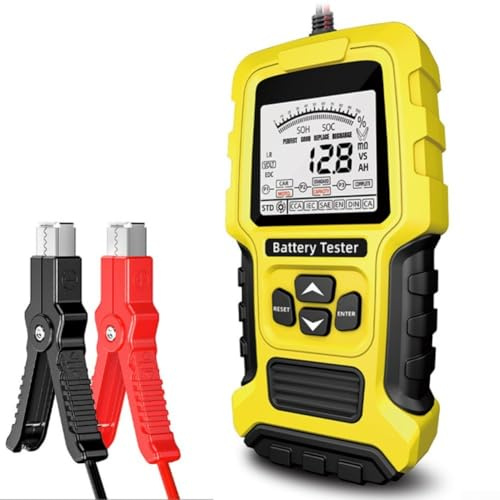 Professional Car Battery Tester with LCD Display, Measures State of Charge SOC, Cold Cranking Amps CCA, Internal Resistance RI for a Wide Range of Acid Batteries (Yellow TK-200)