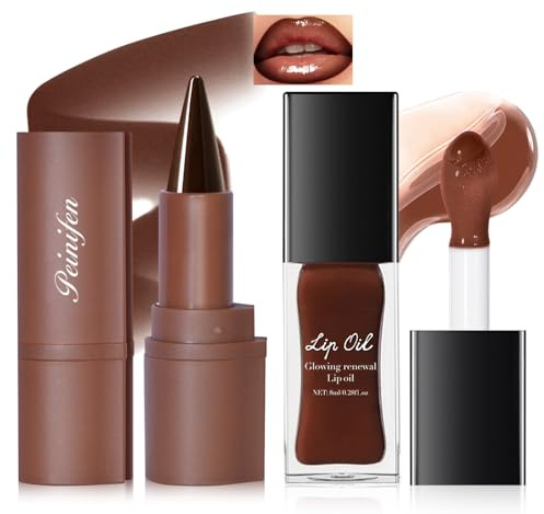 Noerrors Dark Brown Lip Liner and Gloss Set, Plumping Stain with Moisturizing Lip Gloss Combo, High Shine Matte Kit, Nourishing Tinted Lips Glow Oil Long-Lasting Waterproof Care Makeup for Women