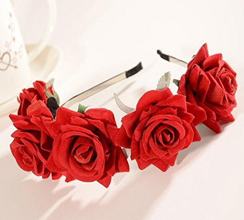 CHSYOO Cerchietto rosso per capelli da donna e ragazza, accessorio per matrimoni e feste, 5 rose, elastico e confortevole