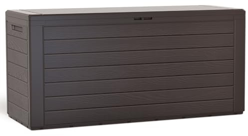 VOUNOT Baúl de Almacenaje de Plástico para Jardín, Arcón exterior con Tapa abatible, 280 L, Aspecto de Madera, Marrón
