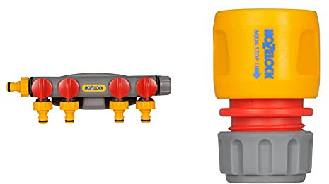 Hozelock 2150A0000 4-Way Tap Connector, Grey, Orange, Red, 15.0 cm*40.0 cm*25.0 cm & Hozelock 2185P9000 AquaStop Connector (12.5mm & 15mm), Grey, Orange, Red