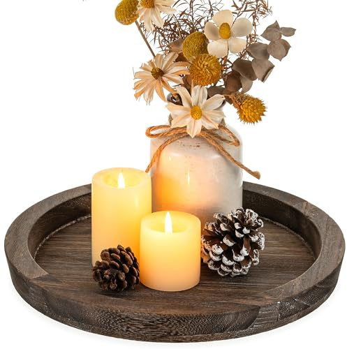 Hanobe Wooden Tray for Coffee Table: Candle Holder Plate Round Decorative Serving Tray - Vintage Table Centerpiece Rustic Farmhouse Home Decor