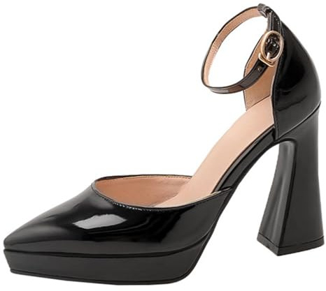 Lroey Reoly Sandali con Tacco Alto Donna, Sandali Appuntito Eleganti Tacco a Blocco Scarpe da Sposa con Plateau Fibbia con Cinturino Alla Caviglia 027 Nero Numero 33 EU
