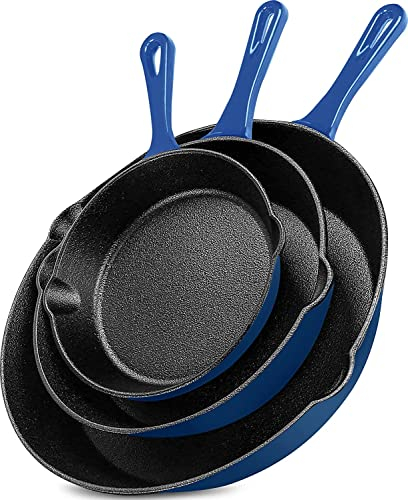 KICHLY Saute Fry Pan - Pre-Seasoned Cast Iron Skillet Set 3-Piece - Frying Pan - 6 Inch, 8 Inch and 10 Inch Cast Iron Set (Blue, 1 Set of 3)