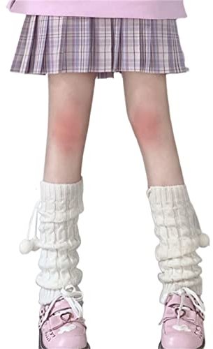 Seyurigaoka Damen Japanischer Stil Kawaii Beinstulpen Y2K Knit Lange Socken Leggings Mädchen 90er Jahre Harajuku Gothic Stapel Beinstulpen, Wollknäuel mit Zopfmuster, Weiß, Einheitsgröße