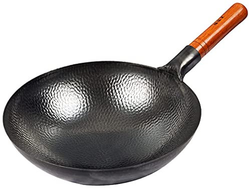 Carbon Steel Wok, Profession Chinese Traditional Hand Hammered Carbon Steel Pow Wok with Premium Elm Handle, Uncoated Non-Stick Pan,38cm/15inch