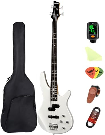 Guitare basse électrique 4 cordes en P pour débutant avec sac de transport, sangle de guitare et câble de guitare (White)