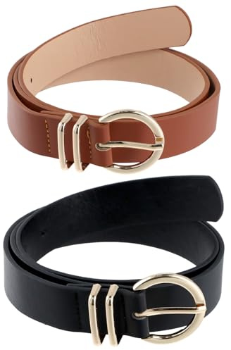 Chstarina Lot de 2 Ceinture Femme, Ceinture avec Boucle Ronde, 2.8cm Largeur, Cuir Pu Ceinture Mode, pour Jeans Pantalon Robe Dame (Noir+Marron)