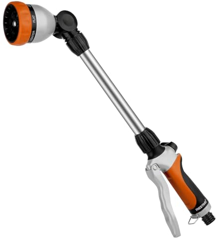 RESTMO Garten Gießstab Metall, 42cm Lang Gartenbrause mit Stiel, 180° schwenkbaren Kopf Stabbrause mit Durchflusskontrolle, 7 Sprühbilder Bewässerung Zauberstab für Blumenampeln und Sträucher, Orange