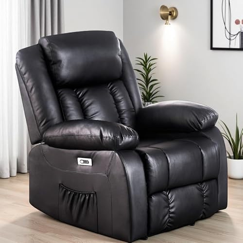BSTSEL Electric Recliner Armchair For the Elderly with Massage & Heat, Extended Footrest, USB+Type C Ports, Electric Recliner Chair for Living Room Bedroom (Black PU Recliner Chair)