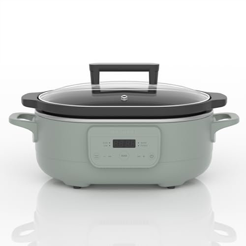 MAGNIFIQUE 6 Quart Programmable Slow Cooker Removable Healthy Nonstick Pot - Small Kitchen Appliance for Family Dinners - Serves 6+ People - Heat Settings: Keep Warm Olive