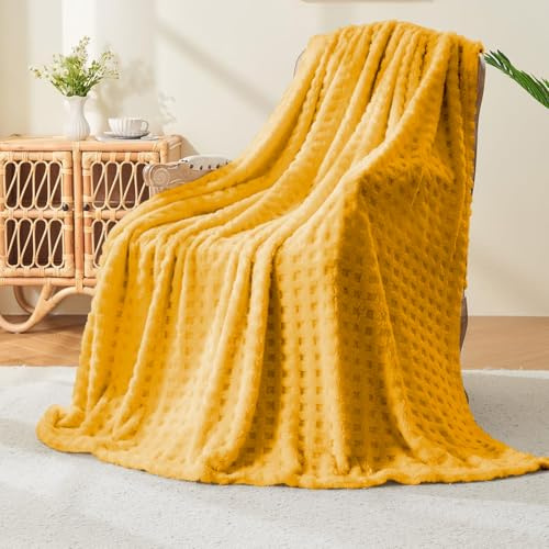 Wajade Fleece Throw Blanket, Fluffy Faux Fur Blanket for Bed Sofa Couch, Soft Warm Thick Blanket,Waffle Yellow-127X178