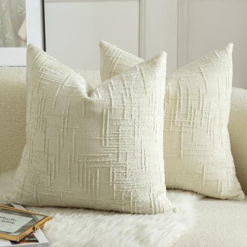 Mandioo Juego de 2 Fundas de Cojín en Chenilla Suave Diseño de Nudo de Bambú Funda Decorativa Elegante para Sofá Cama o Salón 50x50 cm Blanco Crema