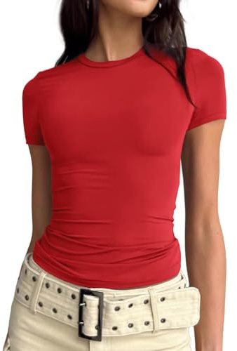 LACOZY Womens Basic T Shirts Summer Tops 2025 Crop Short Sleeve Slim Fit Tee Cute Gym Workout Clothes Red M