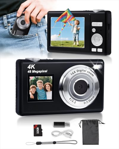 ARNSSIEN Appareil Photo Numérique avecà Double écran,Autofocus 4K 48MP pour Vidéos de Blog,Carte de 32GB, Appareil Photo Compacts,Zoom 16X, Anti-Vibrations, pour Enfants/Ados/Débutants,Y5