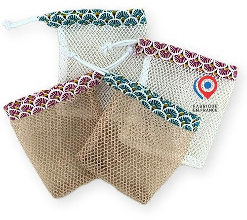 Filet Savon Lot de 4 - JaMoonLBV Jml® Fabrication Française - Sauve Savon & Shampooing Solide, Pochette à Savon - Ensemble de Sacs à Savon Moussant - Porte Savon Écologique pour la Douche